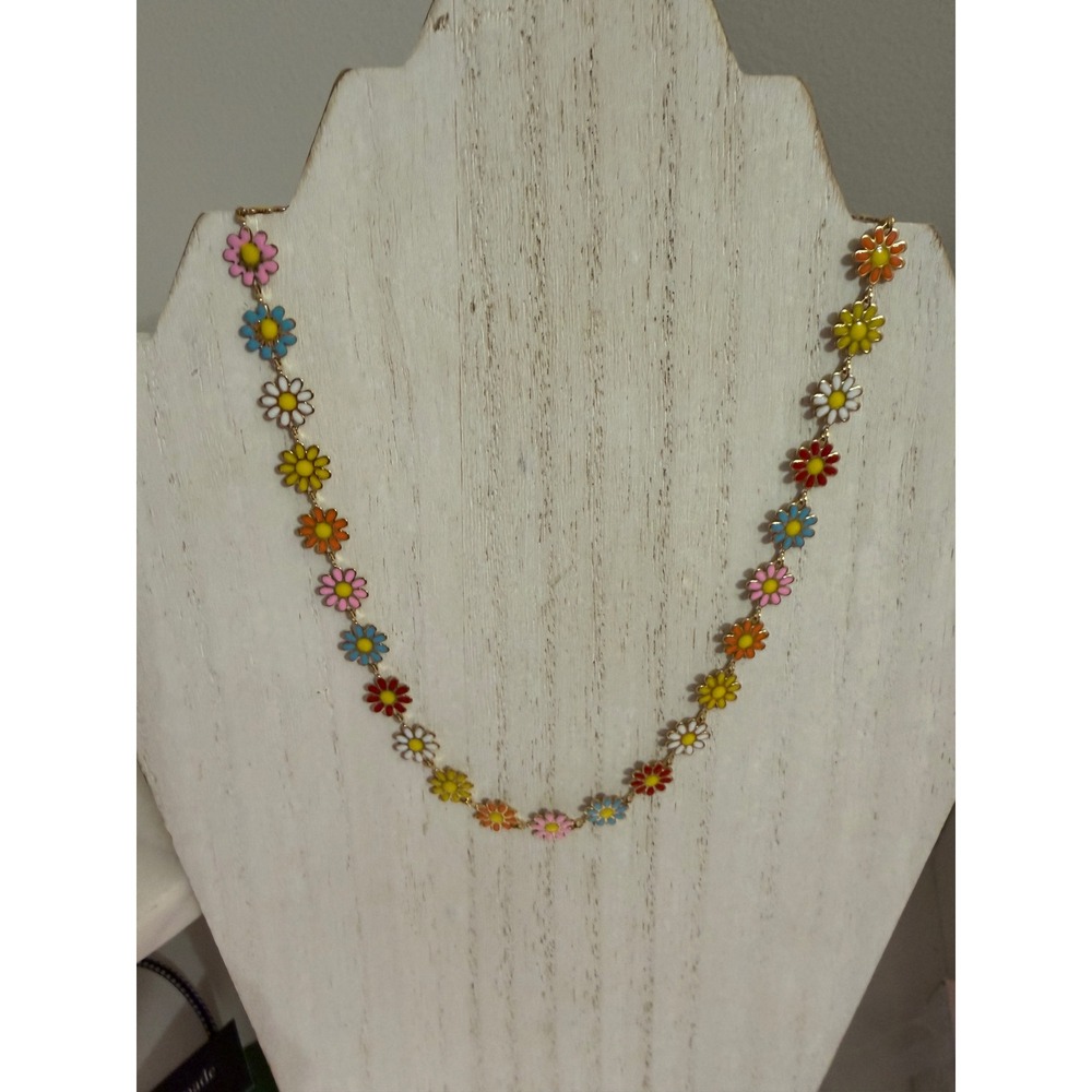 Daisy Flower Necklace Gold Tone Multi Color Enamel Choker Women's‎